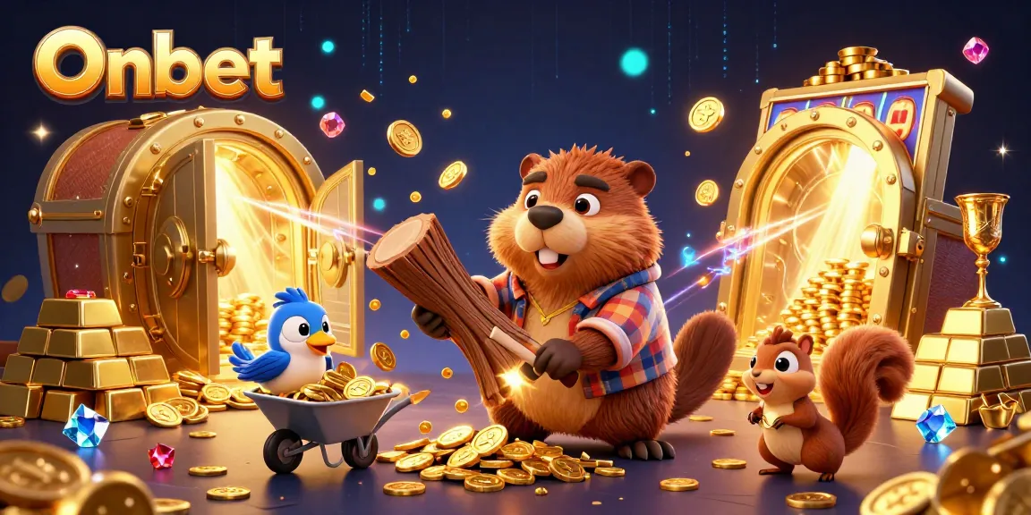 Experience exhilarating gameplay at Onbet as a beaver and friends celebrate a jackpot in a glittering casino scene.