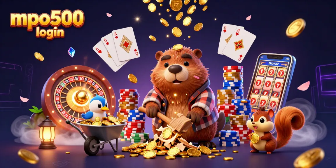 Win big with mpo500 login in this vibrant casino-themed 3D illustration.