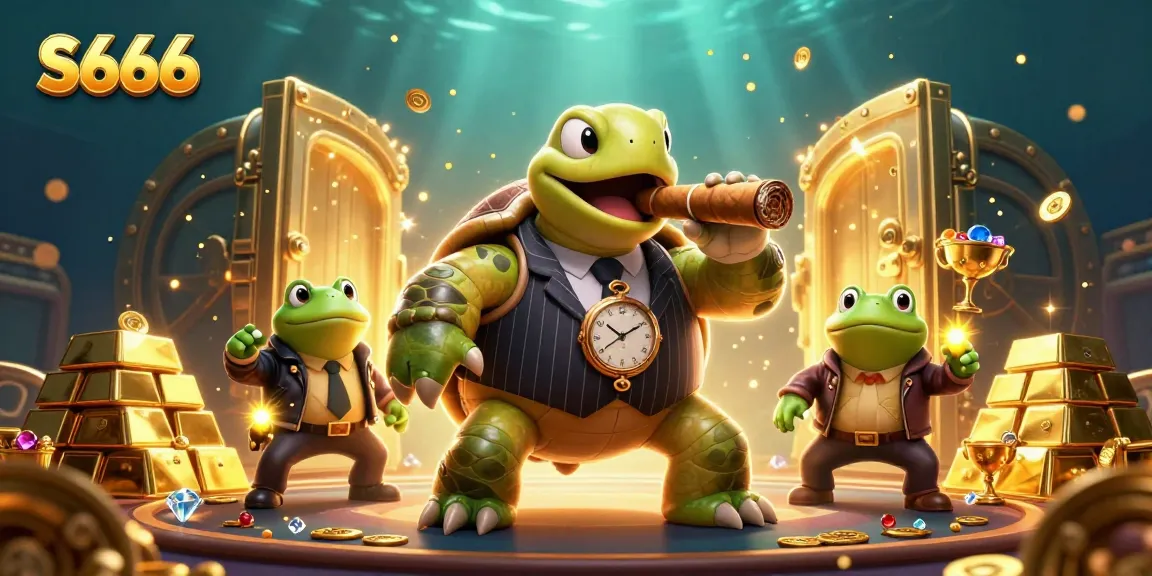 S666 casino illustration featuring a massive snapping turtle and bullfrog enforcers amidst golden treasures