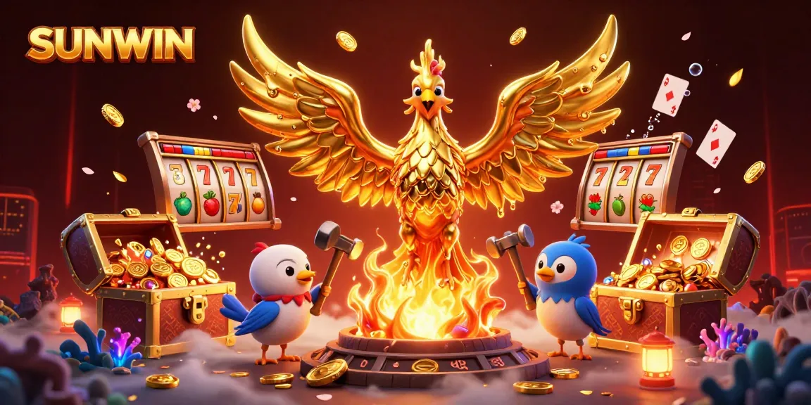 SUNWIN casino illustration showcasing a molten gold phoenix with slot reels and golden treasures
