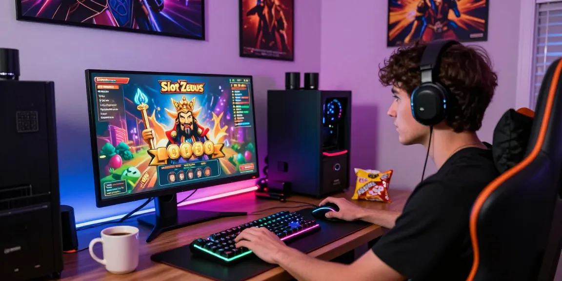 Player enjoying situs 888 slot games in an immersive online gaming setup, with vibrant visuals and gaming peripherals.
