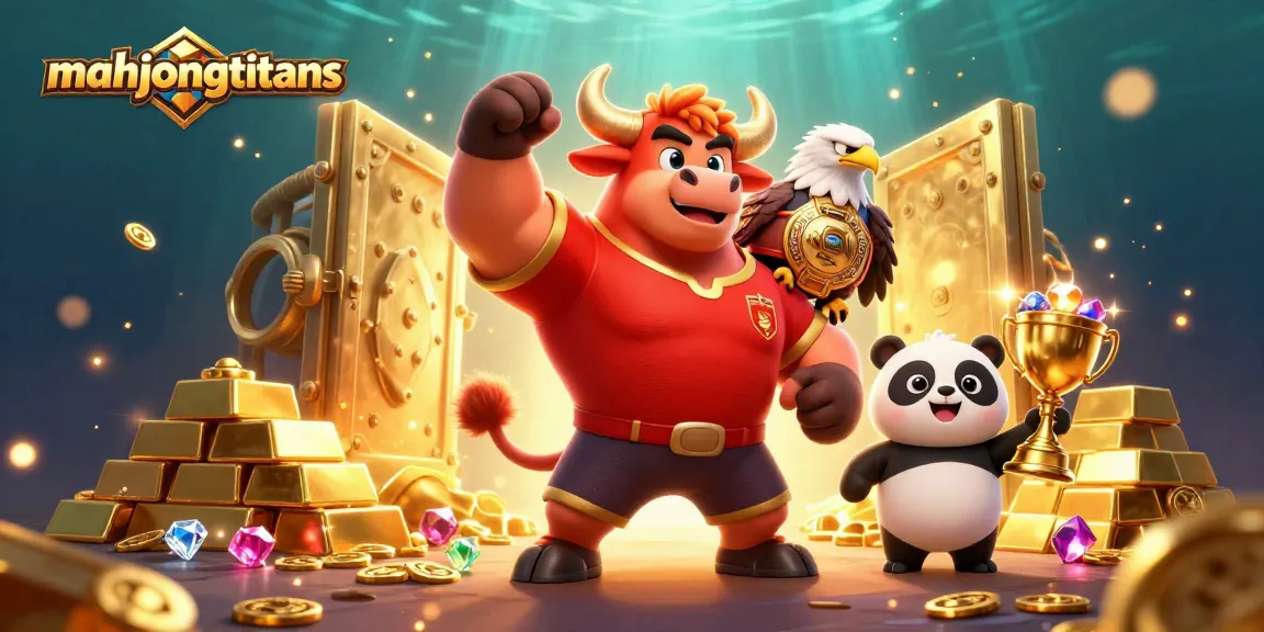 Engage with mahjongtitans in a vibrant scene featuring mascots, treasures, and dynamic casino elements.