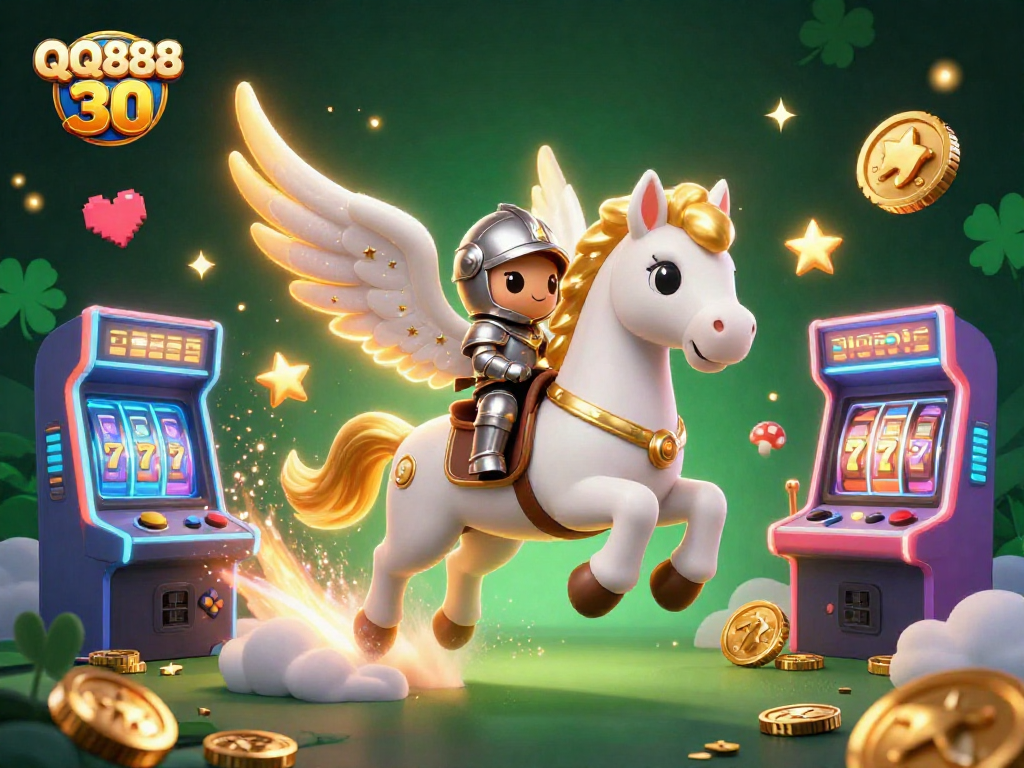 Engage with QQ888 30 as a celestial white horse races through starlit clouds in a vibrant casino scene.