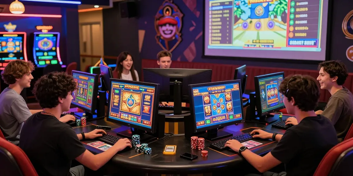 Excited gamers enjoying we88 PGSLOT games in vibrant online casino atmosphere