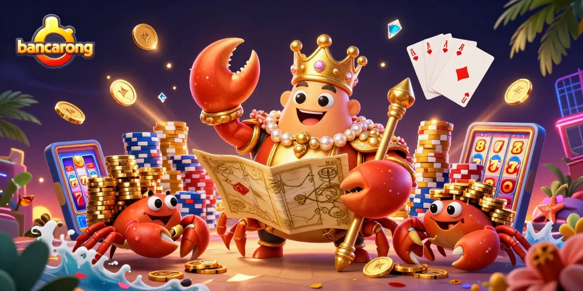 Bancarong showcases a grand 3D illustration of a golden crab emperor leading a treasure hunt amid cascading coins and poker chips.