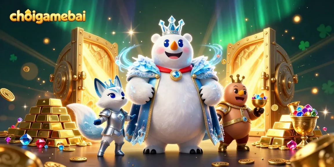 Engage in the choigamebai adventure with the ice king, snow fox, and treasure-rich background.