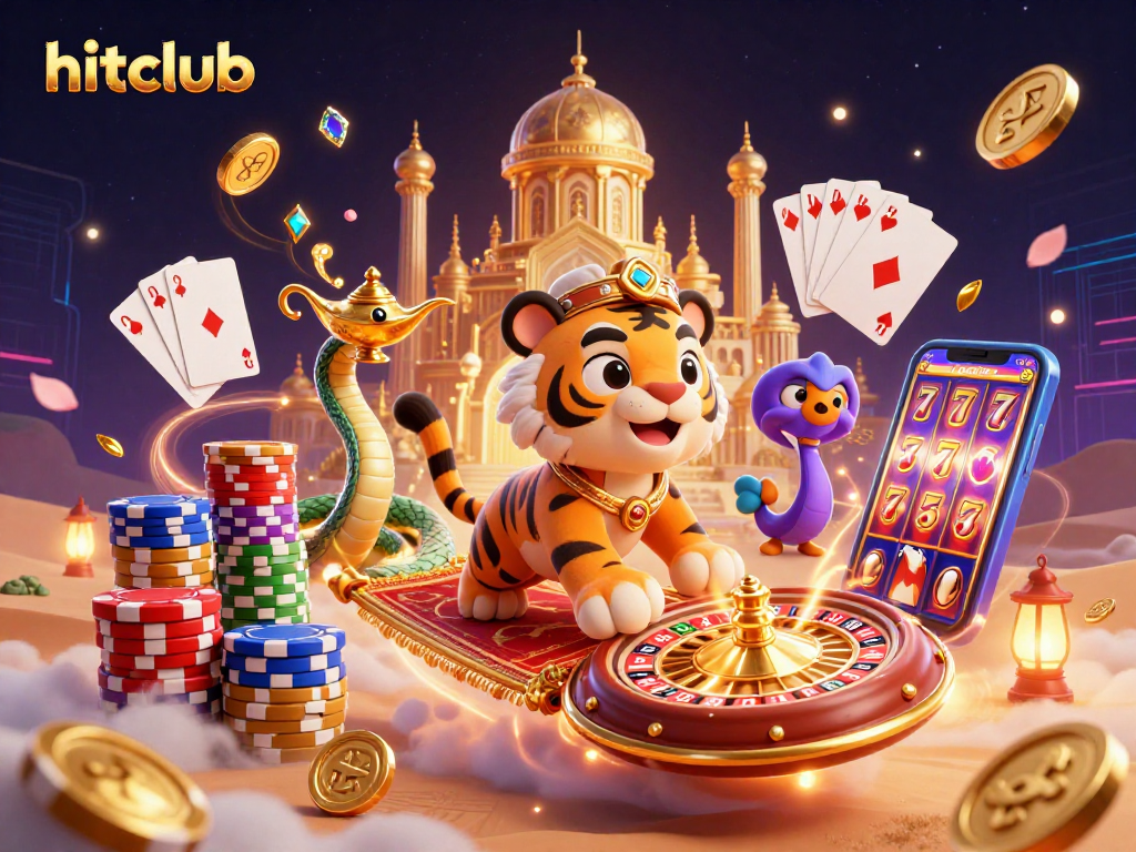 Play exciting casino games with hitclub's vibrant 3D themed illustration showcasing thrilling elements.