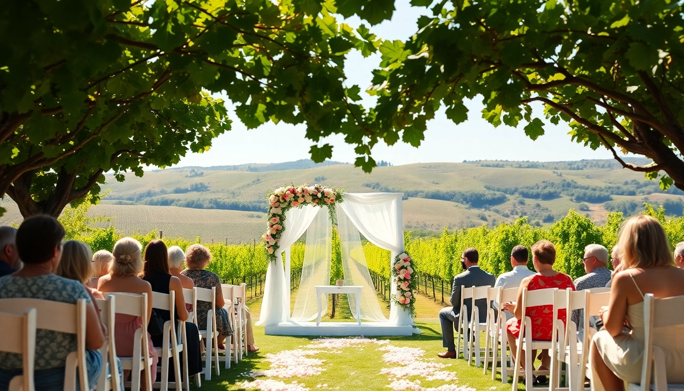 Beautiful winery wedding sacramento setup among lush vineyards under bright sunlight.