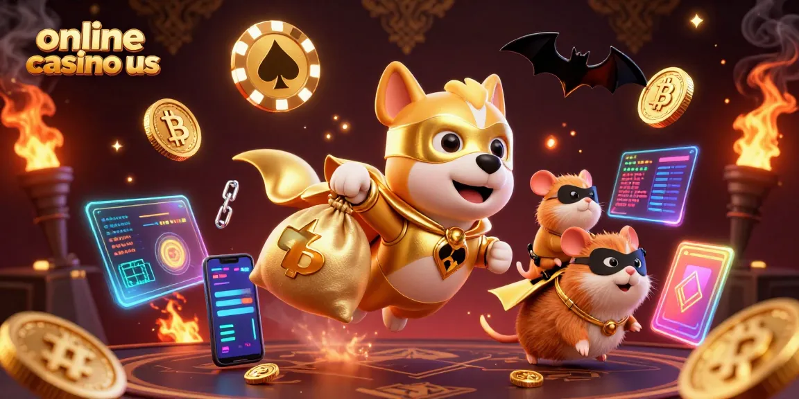 Engage with the online casino us scene featuring a superhero dog, crypto coins, and a poker chip in a dynamic casino atmosphere.