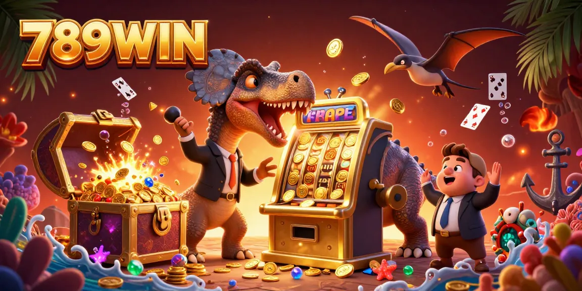 Experience the vibrant action of 789WIN with a dinosaur celebrating a slot machine jackpot amidst a treasure-filled oceanic scene.