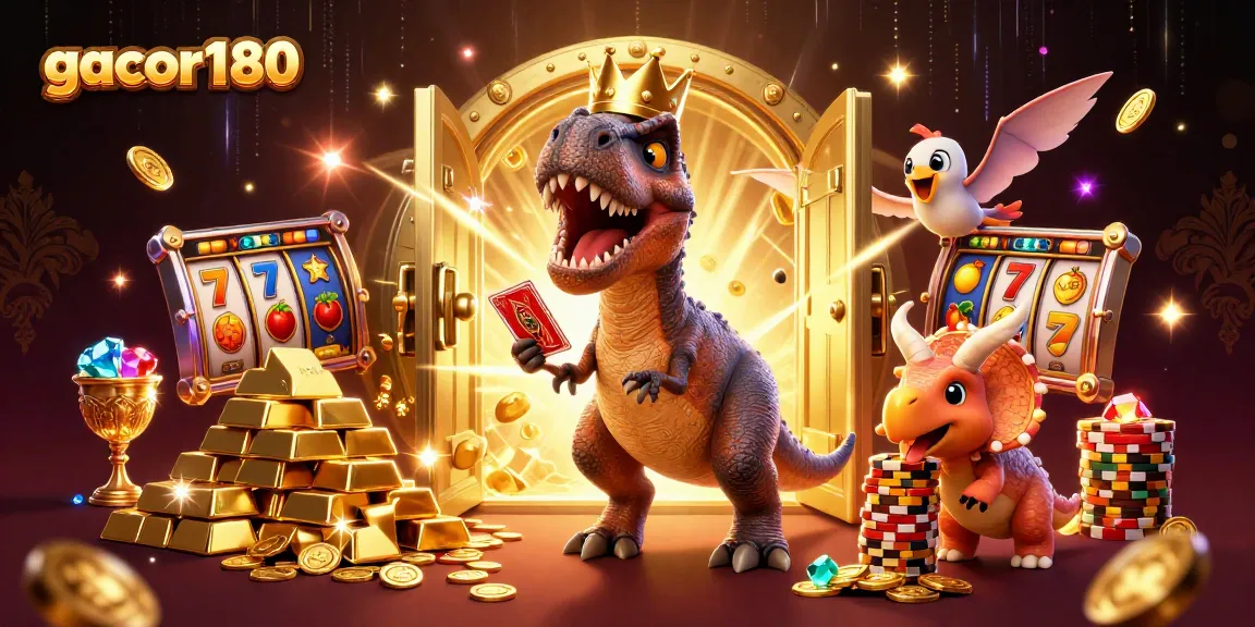 Gacor180: T-Rex dan teman-teman bermain kartu dengan suasana kasino yang meriah dan banyak koin emas.