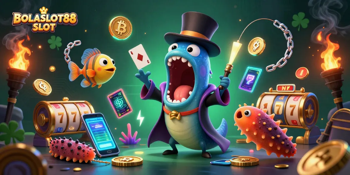 BOLASLOT88 SLOT showcases a bioluminescent eel performing card tricks among Bitcoin and Ethereum coins in an exciting casino scene.