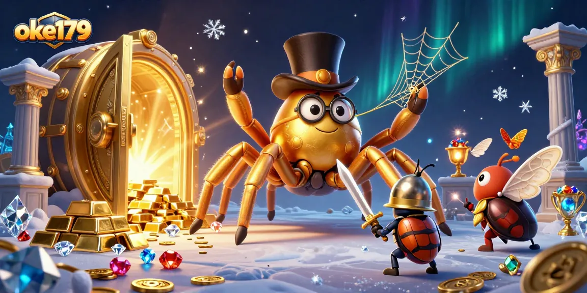 Engage with the excitement of oke179 through a vibrant casino illustration featuring a golden tarantula and treasure.
