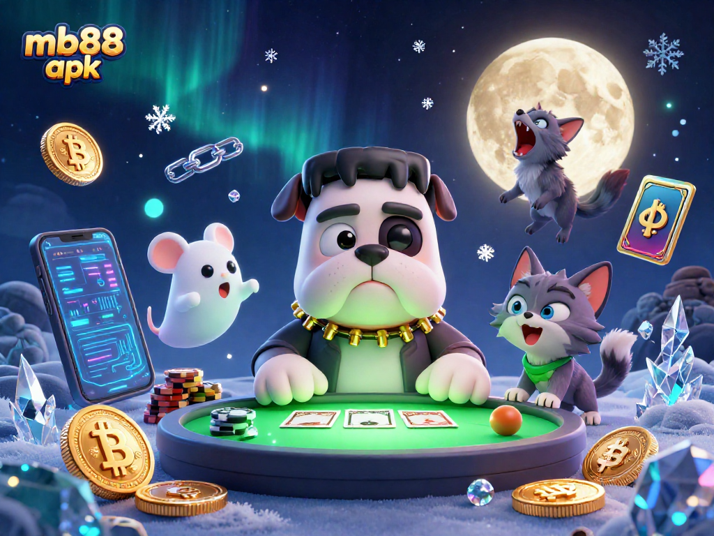 Experience excitement with mb88 apk as a bulldog monster deals cards at a spooky casino.