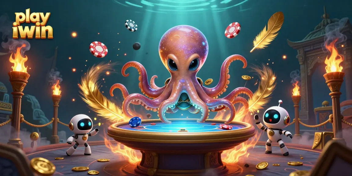 play iwin at a holographic poker table with an alien octopus and magical atmosphere