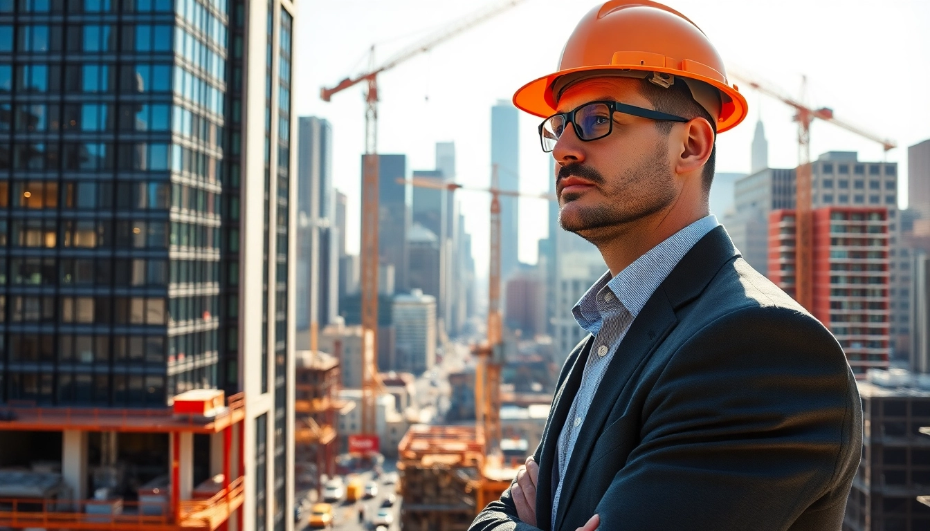 A New York Construction Manager directing a large urban project in front of a city skyline.