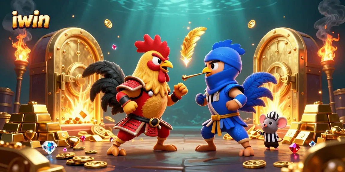 iwin features an epic showdown between samurai and ninja roosters amidst a treasure storm in a casino