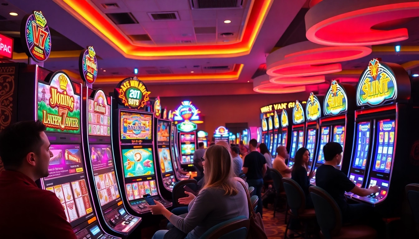 Engaged players enjoying slot gambling in a lively casino setting filled with vibrant slot machines.