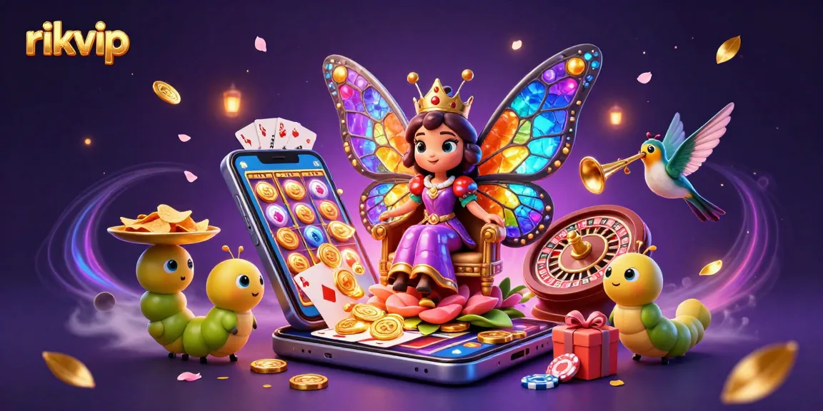 Immerse in the exciting world of rikvip with a vibrant casino scene featuring a butterfly queen and game elements.
