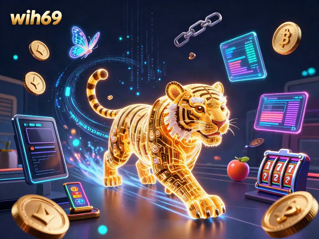 Gambarlah wih69 di kasino digital dengan harimau emas neon dan simbol permainan yang meriah.