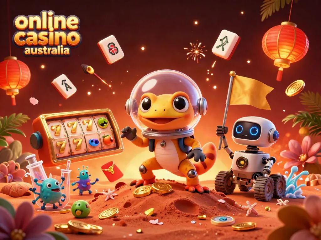 Engage with online casino Australia, featuring a Martian gecko navigating a golden casino on Mars.