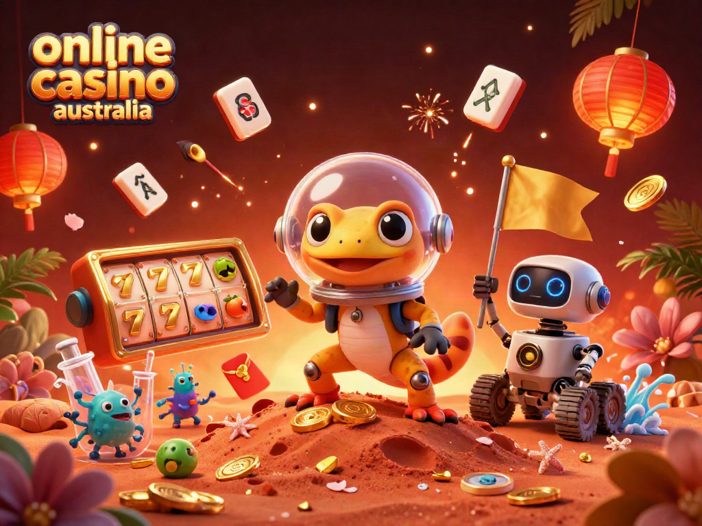 Engage with online casino Australia, featuring a Martian gecko navigating a golden casino on Mars.