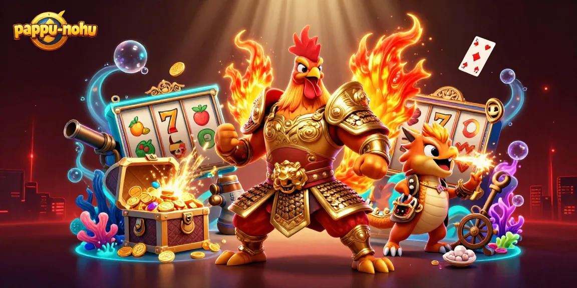 Pappu-nohu gameplay scene showcasing a powerful rooster warrior, armored dragon, and treasures, emphasizing thrilling slot action.