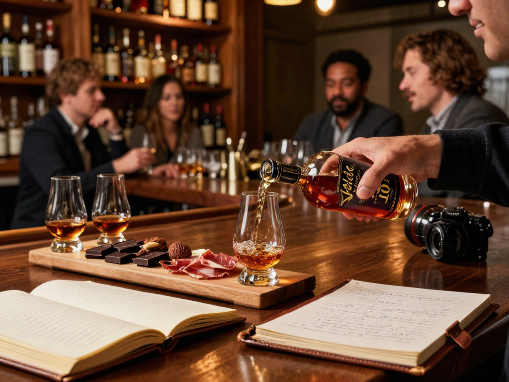A glass of Weller Antique 107 Bourbon presented amidst a tasting board, showcasing the essence of bourbon appreciation in a cozy bar setting.