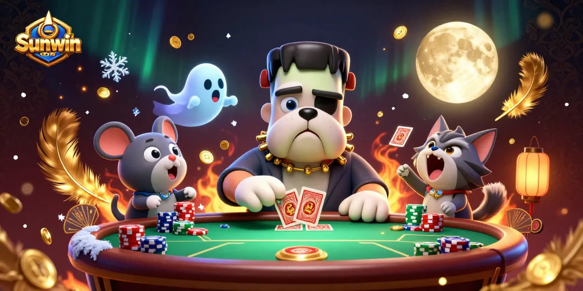 Sunwin brings excitement as a Frankenstein bulldog deals cards at a haunted casino table.