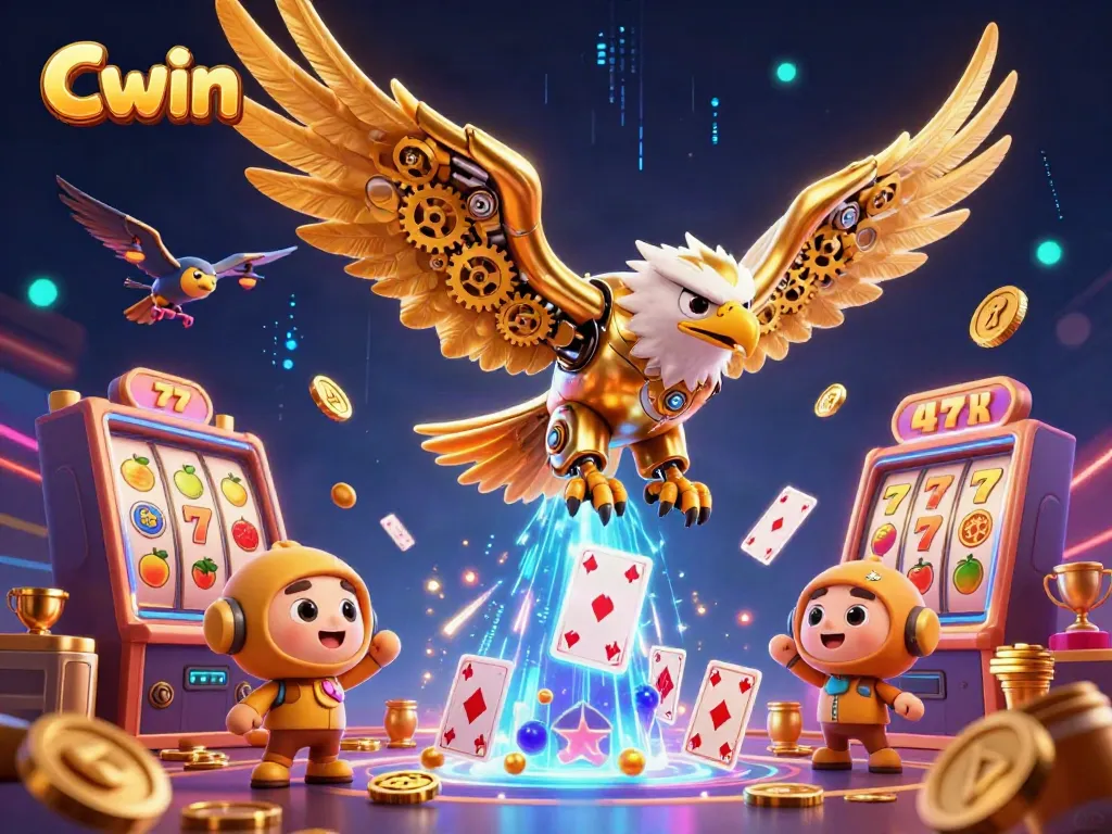 Cwin features a cybernetic eagle soaring among dynamic gambling elements, showcasing casino excitement.