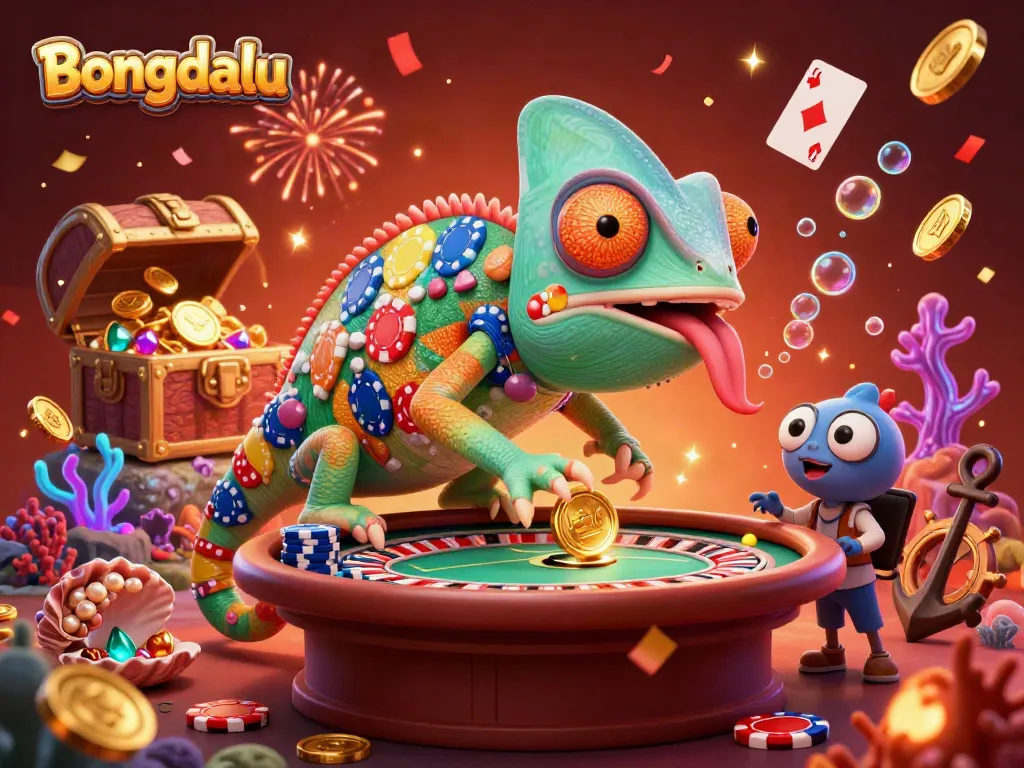 Bongdalu chameleon casino owner catches golden coins in a vibrant, dynamic 3D illustration.