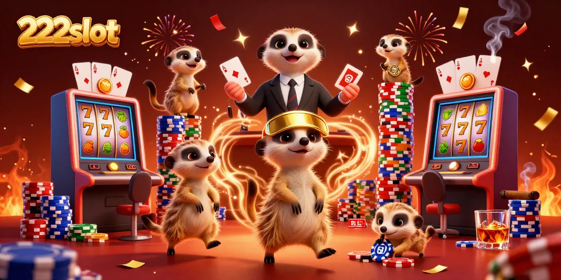 Meerkats mengelola operasi kasino slot 222slot dengan elemen mencolok dan penuh warna.