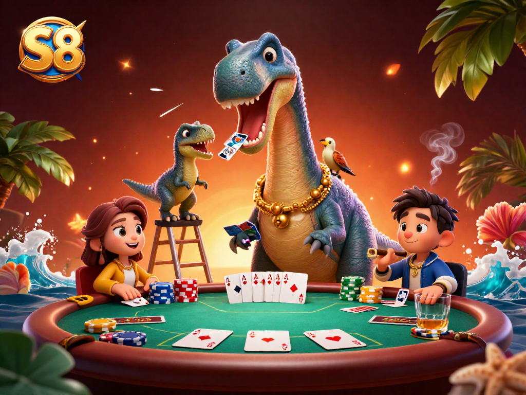 Engage the excitement of S8 as a cartoon dinosaur oversees a vibrant poker game with colorful chips.