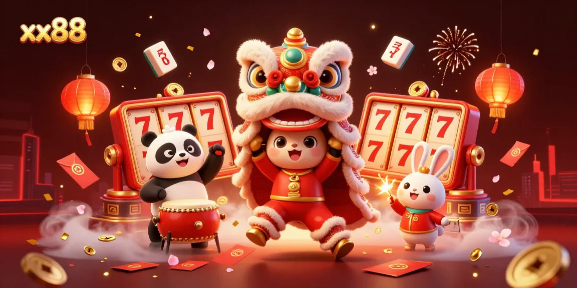 Experience thrilling moments with xx88's vibrant casino scene featuring lucky charm festivities, slot reels, and festive characters.