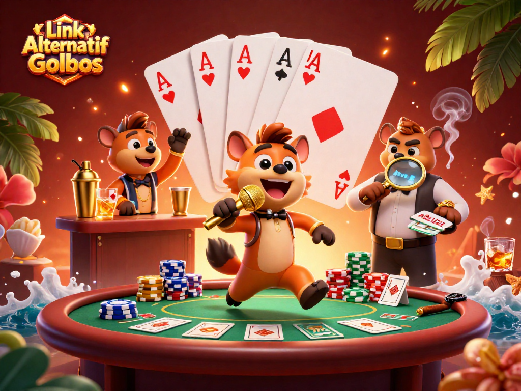 Engage with Link Alternatif Golbos at this lively comedy casino scene featuring hyenas and vibrant gambling elements.