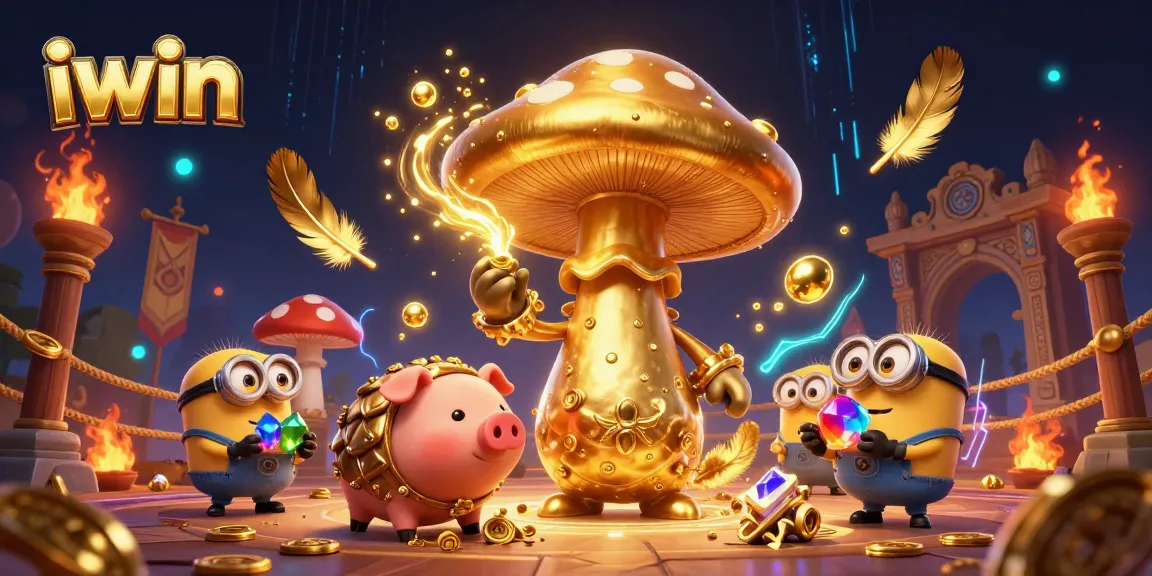 Engage in magical gameplay with iwin featuring a golden mushroom wizard and treasure-seeking familiar.
