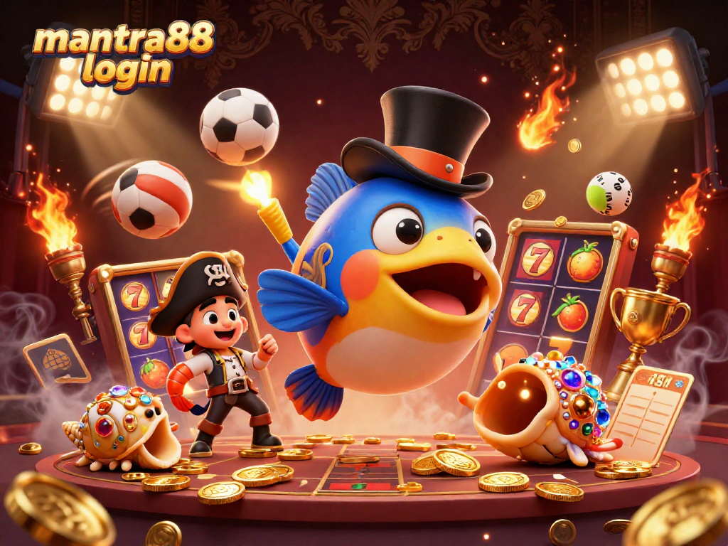 Experience the thrill of mantra88 login with 3D animated anglerfish, pirate shrimp, and treasure snail amidst casino excitement.