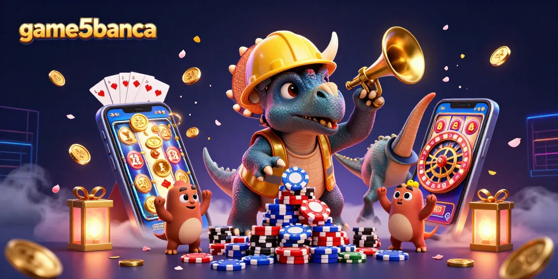 Engaging 3D illustration of game5banca with lively characters celebrating around casino elements.