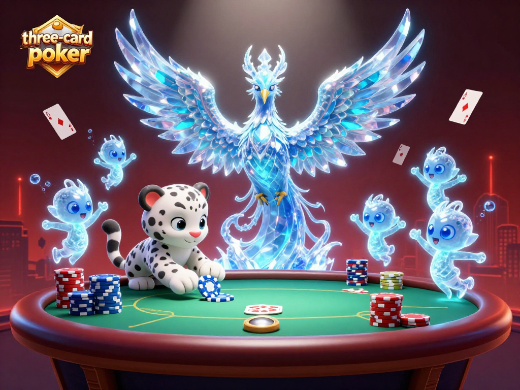Engage in three-card-poker action with vibrant characters and glowing gameplay elements.