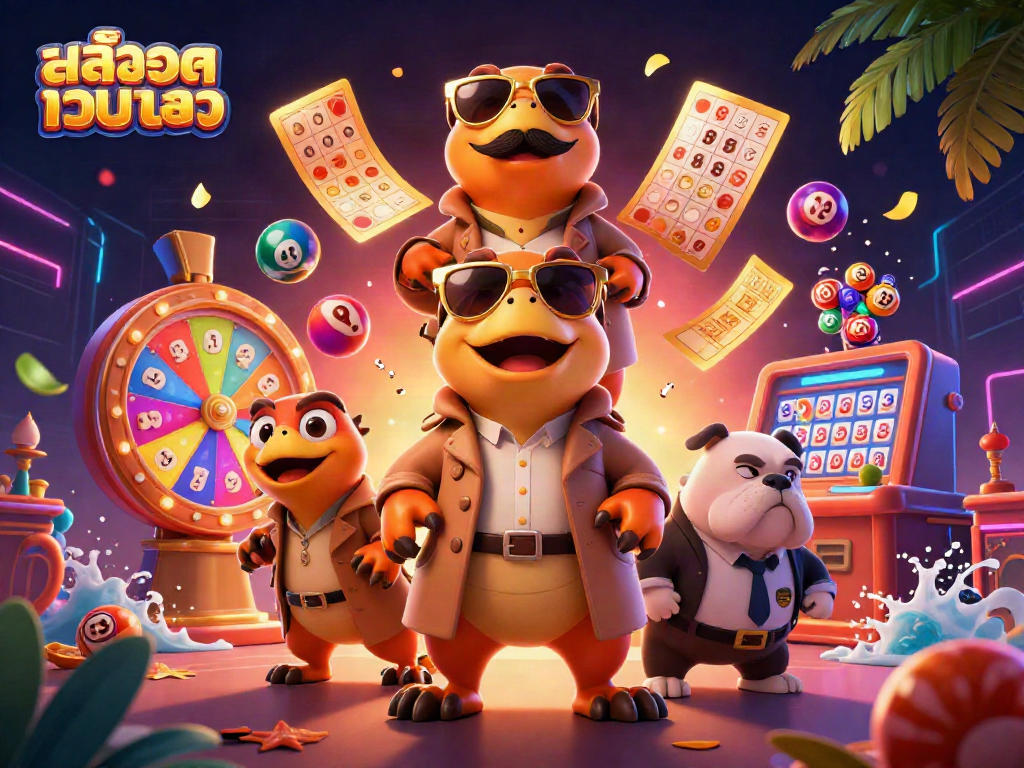 Engage with สล็อตเว็บตรง through vibrant 3D casino illustration featuring raptors in disguise.