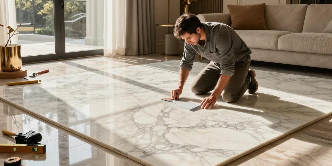 Craftsman installing premium flooring with NAGA2000 materials in a luxurious living room.