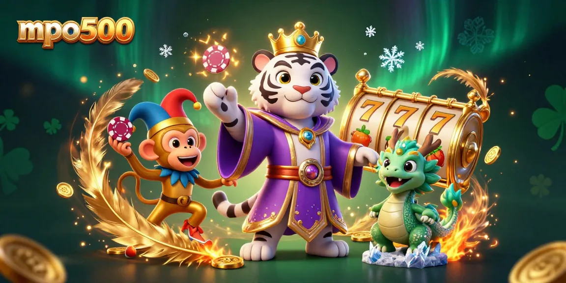 Experience the thrill of mpo500 with a dazzling 3D scene featuring a royal tiger, juggling monkey, and vibrant casino elements.