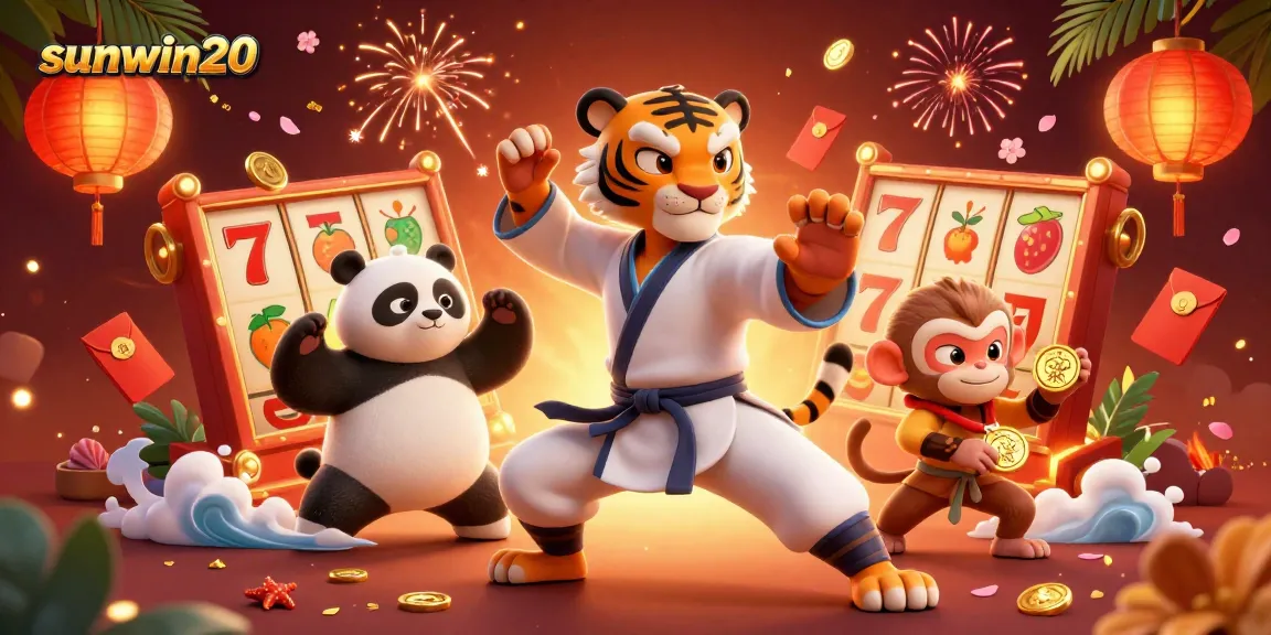 Experience thrilling gameplay at sunwin20 with a kung fu tiger and friends surrounded by casino elements.
