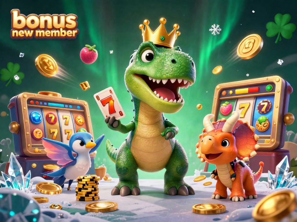 Engaging illustration showing T-Rex and friends enjoying a vibrant casino scene, promoting the bonus new member.