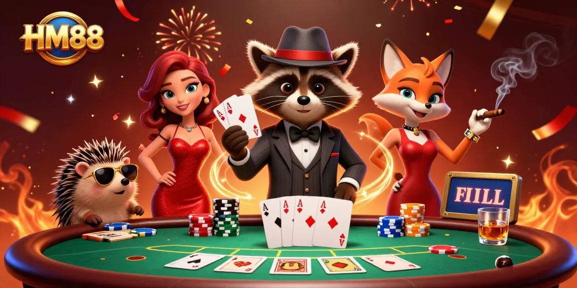 Experience thrilling poker play at HM88 with characters showcasing a royal flush hand in a vibrant casino scene.