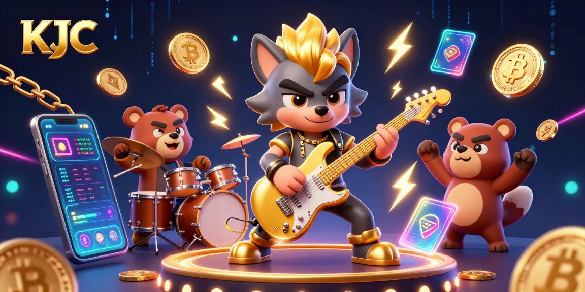 KJC promotes an energetic casino atmosphere with cartoon characters performing, showcasing thrilling gaming activities.